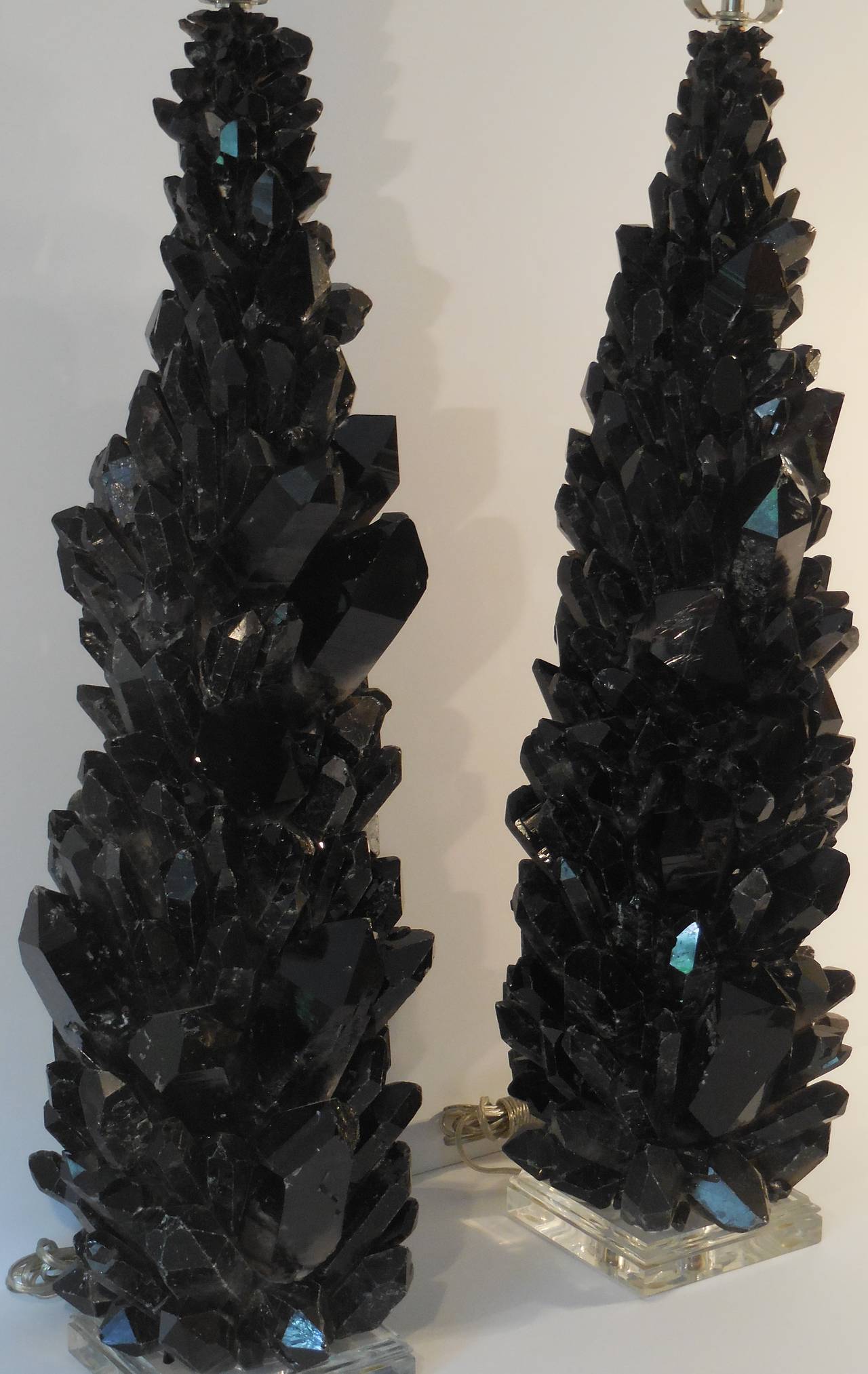 Pair of Spectacular Large Black Quartz Crystal Table Lamps In Excellent Condition In Delray Beach, FL