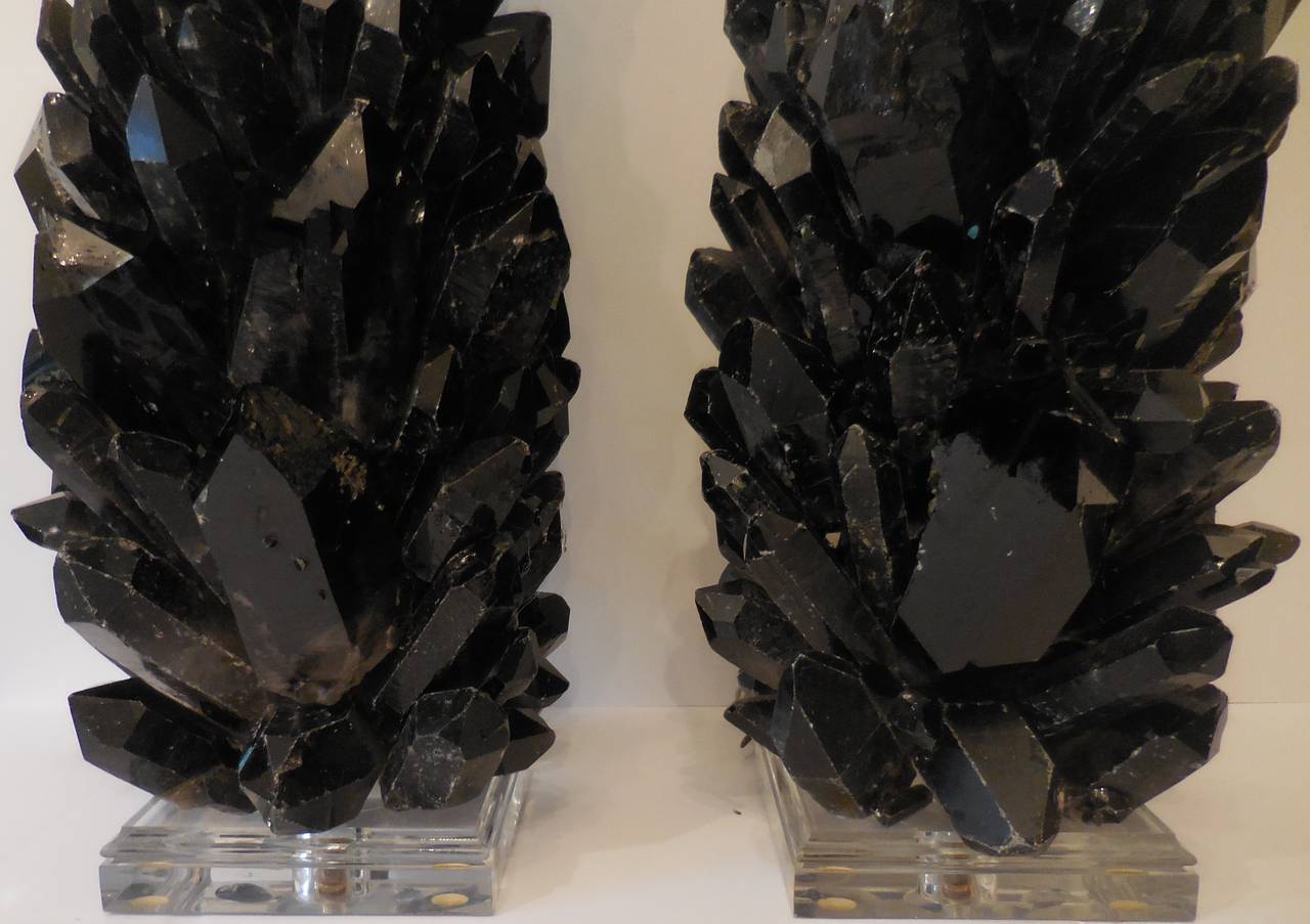 Lucite Pair of Spectacular Large Black Quartz Crystal Table Lamps