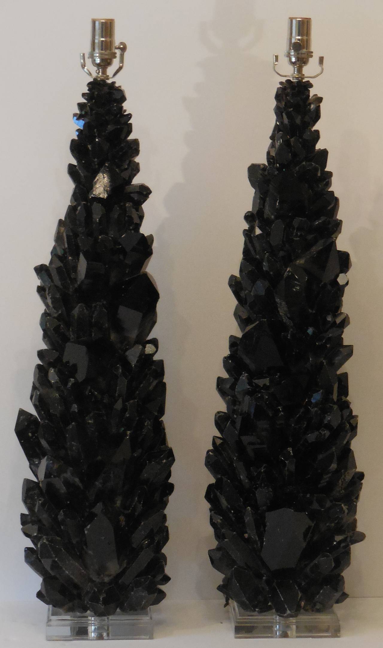 Pair of Spectacular Large Black Quartz Crystal Table Lamps 1