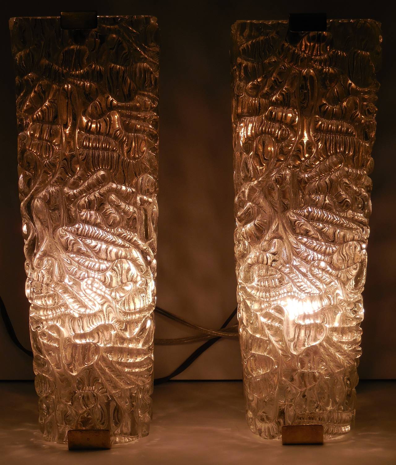 Brass Pair of 1960 Cubist Texture Glass Sconces