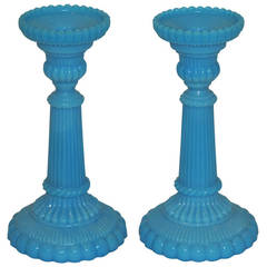 Blue Opaline Glass Candlesticks