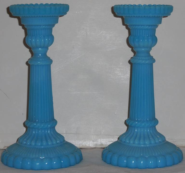 Beautiful pair of blue opaline candlesticks.