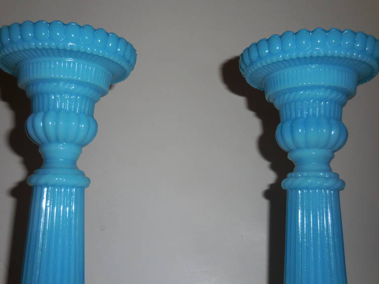 Blue Opaline Glass Candlesticks In Excellent Condition In Delray Beach, FL