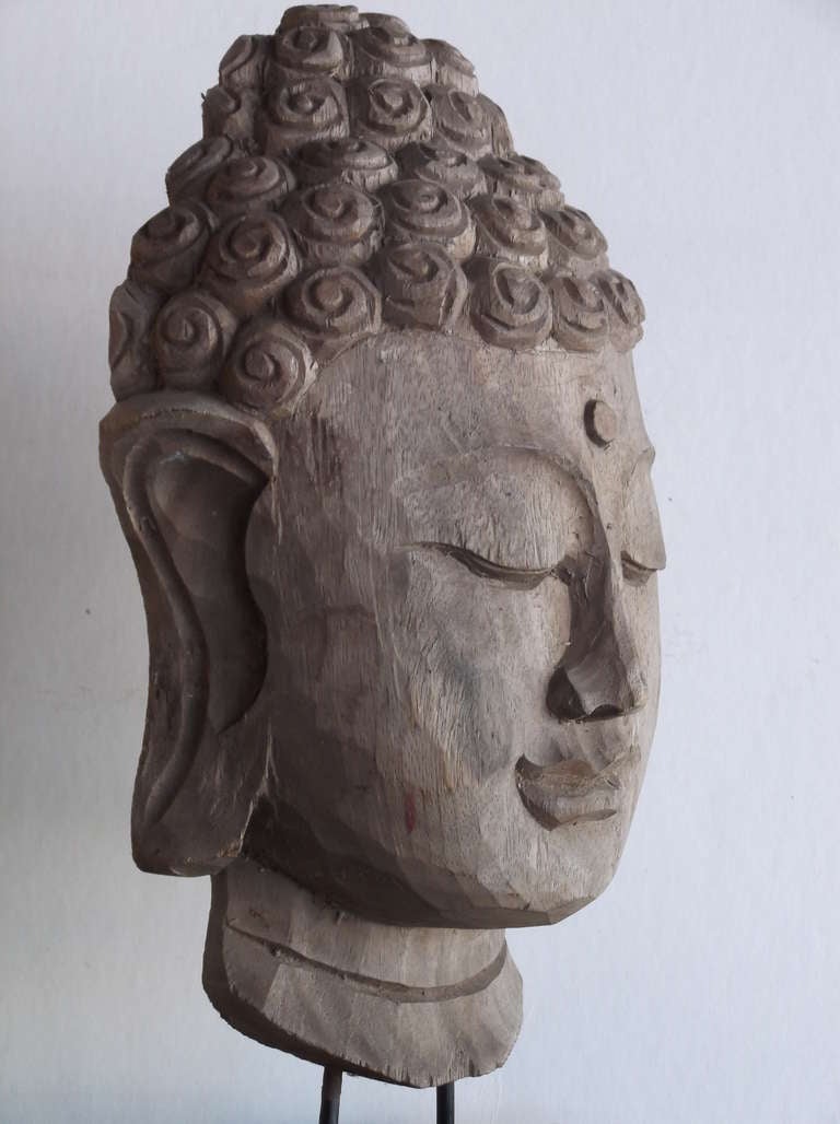 Wood Carved Buddha Head at 1stDibs