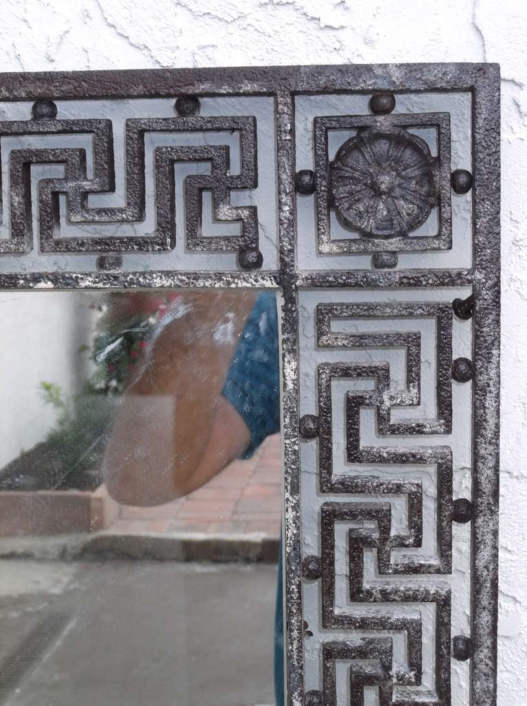 Greek Key Antique Iron Mirror In Good Condition In Delray Beach, FL