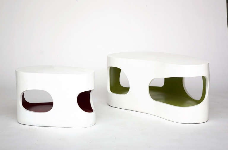 A variation of 6 biomorphic coffee tables in 3 sizes by Jacques Jarrige. White and Anis, white and red, black and red.

Jarrige's work has been recently featured in IDEAT, November 2011, AD Collector, October 2011, World of Interiors September