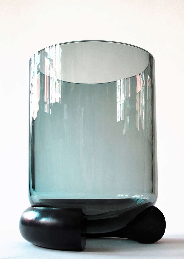 Bronze base with New grey-blue shade of hand blown glass

The insert also fits in the Hill bronze vase