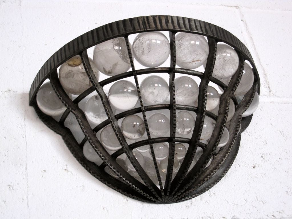 Wrought Iron Pair of Rock Crystal and Hand Hammered iron Wall Lights