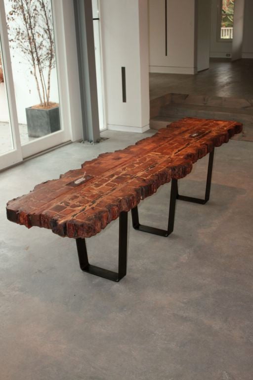 Wood & steel console table by Kristy Knight for Ellen Hanson Designs <br />
Made with salvaged 19th c. barn beams from the once home of author James Jones in Sagaponick, NY, with 1/2