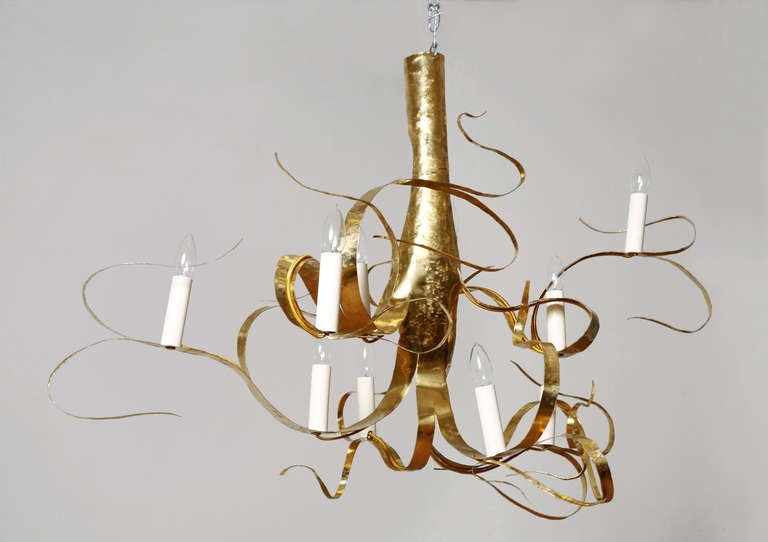 Magnificent chandelier in brass hand-cut from one sheet of brass without discarding any parts and hand-hammered by Jacques Jarrige. Ten lights
unique and signed. Each Fiori is unique.

Recent publication on the artist available

Other sizes and