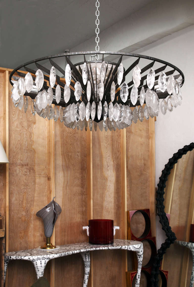 French Pair of Rock Crystal and Hand Hammered Chandeliers