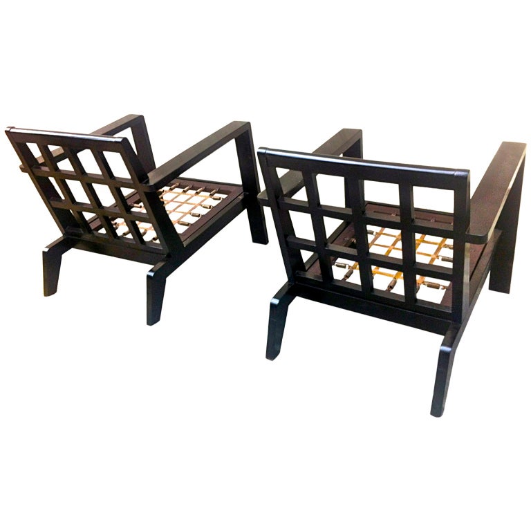 Rene Gabriel Rare Pair Of Lounge Chairs In Black Lacquered Wood