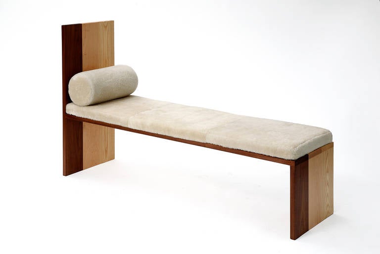 Created by designer Tinatin Kilaberidze for Valerie Goodman Gallery.
A spectacular bench in walnut, maple and ash beautifully crafted with mortise and tenon joints. Covered with Merino skin.