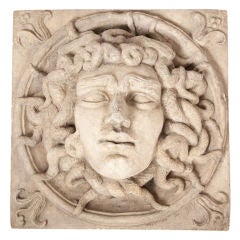 Large English Edwardian Cast Stone Garden Plaque of Medusa