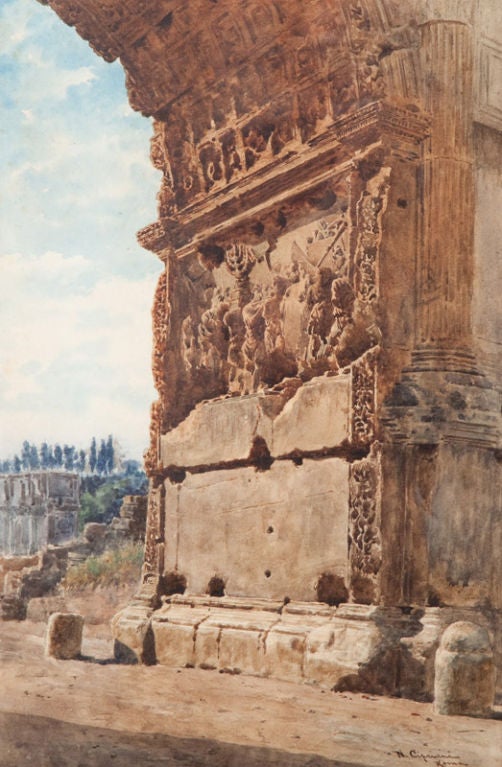 NAZZARENO CIPRIANI<br />
Rome 1843-1923 Rome<br />
The Arch of Titus in Rome<br />
Signed and inscribed by the artist in brown ink on lower right of recto: N. Cipriani Roma<br />
<br />
Born into a family of painters, Nazzareno Cipriani worked