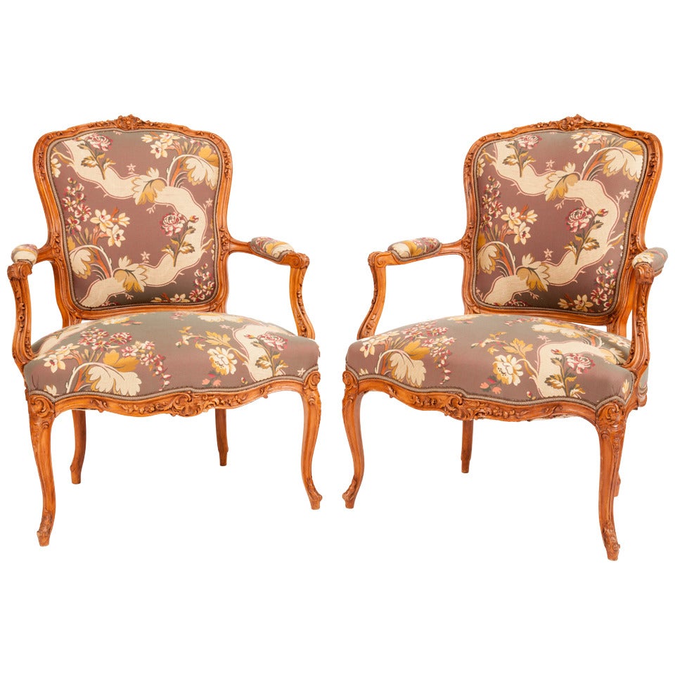 Fine Pair of French Louis XV Style Fauteuils For Sale