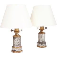 Pair of 19th Century American Silvered Metal and Brass Lamps