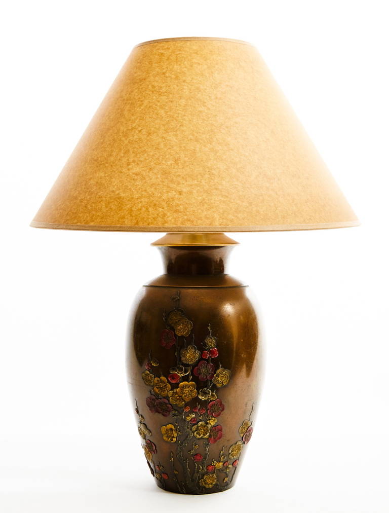Japanese Meiji Bronze Lamp with Prunus Blossoms