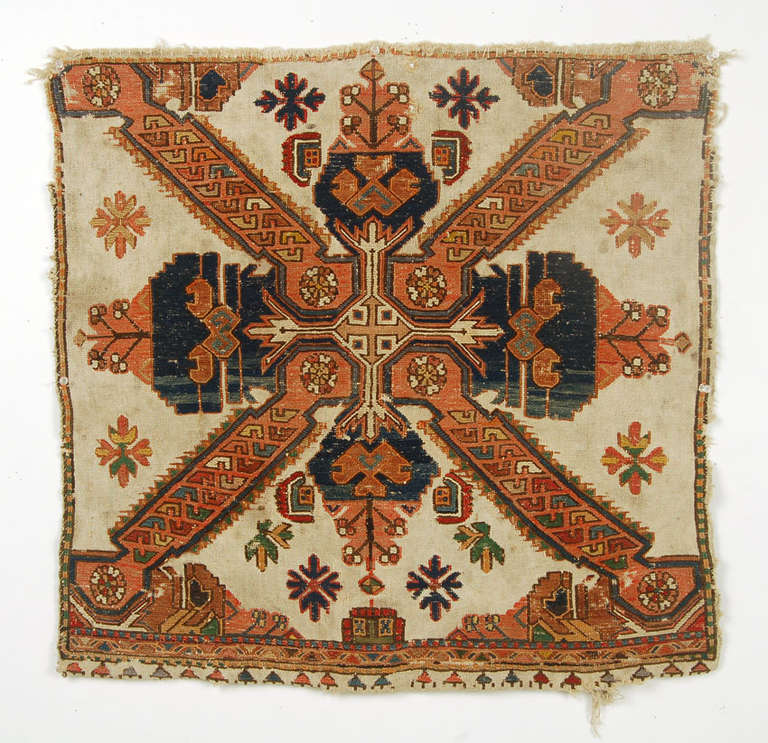 Rare Seychour sumac and white cotton plain weave. The size and the different borders indicate that this was originally half of a saddle bag, or khorjin. Seychour is a subtype of the kuba rugs, made in the town of Yokhari Zeykhur in Azerbaijan, where