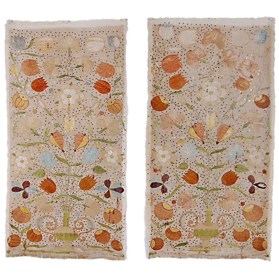 Pair of Castelo Branco Embroidered Hangings For Sale