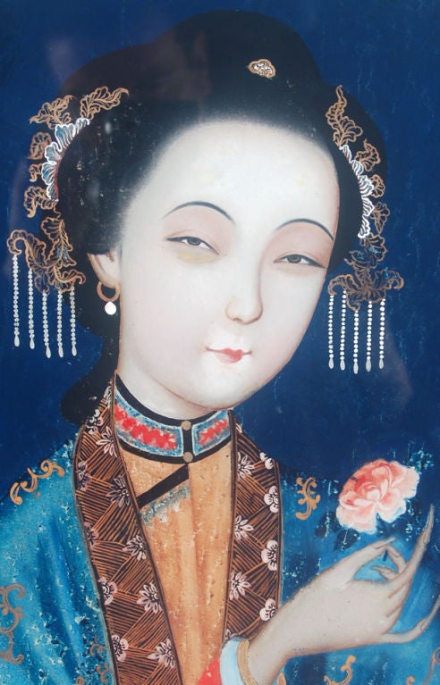 Chinese Reverse Glass Painting of a Courtesan For Sale