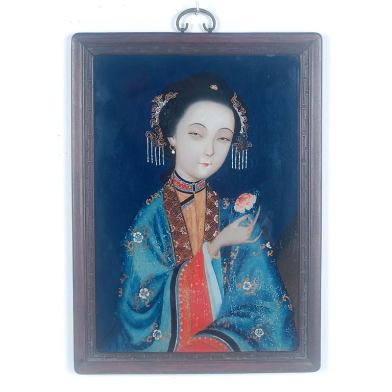 Reverse Glass Painting of a Courtesan For Sale