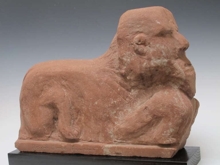 Enigmatic stone sphinx carved by a Missouri native Ralph Lanning. The Sphinx has a beasts body with a mans head.
Exhibited at Intuit exhibition of American stone sculpture
signed on base.