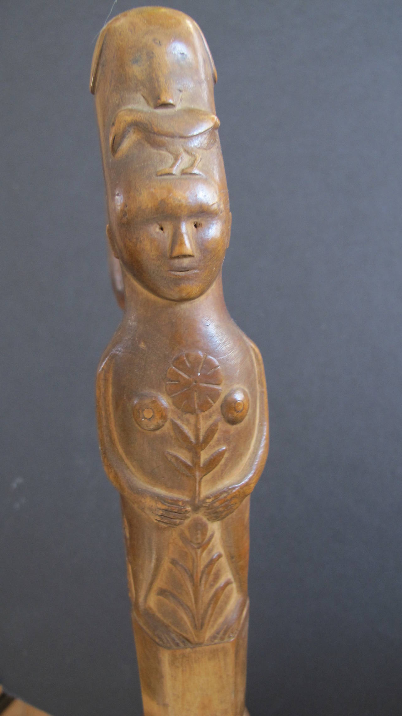Folk Art Carved Cane with Woman, Dogs, Plants and Bird For Sale