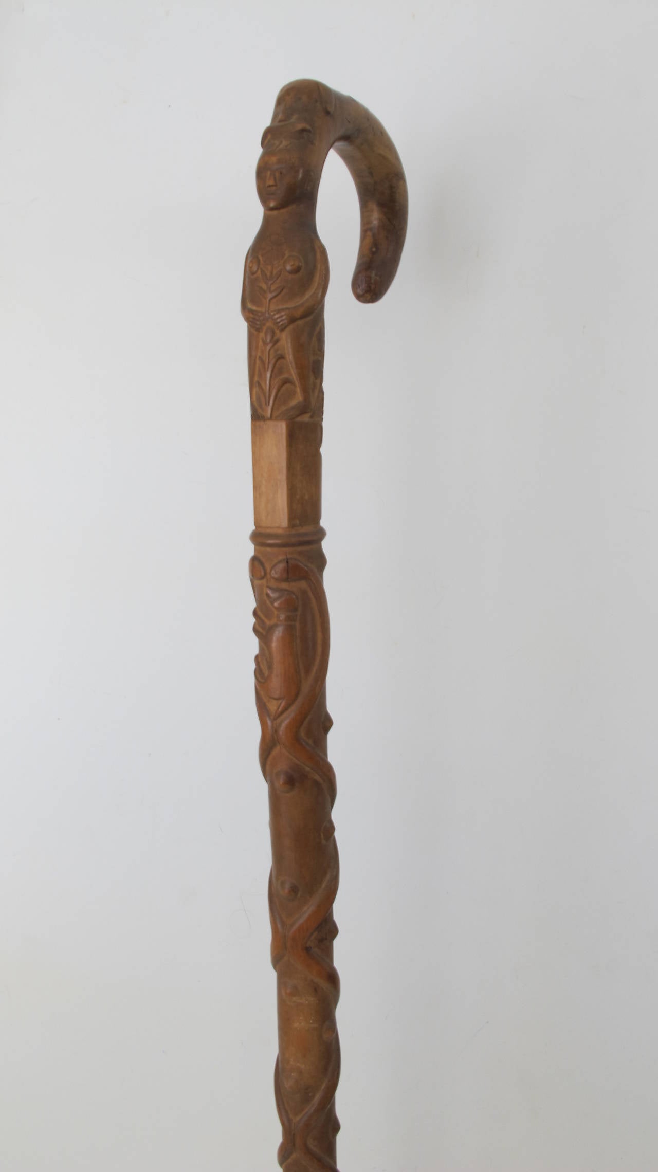 Carved Cane with Woman, Dogs, Plants and Bird For Sale 1
