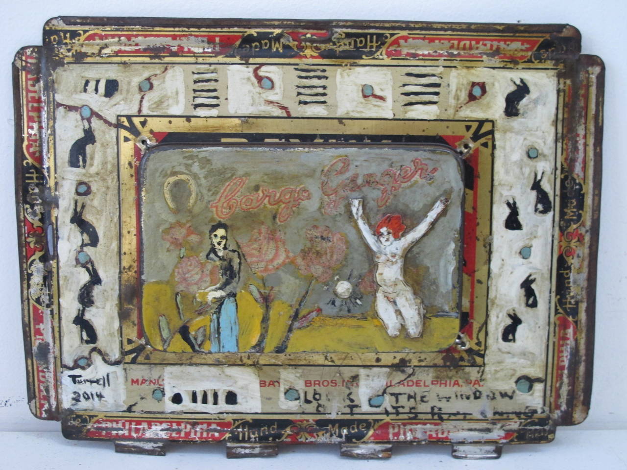 Terry Turrell has used a found tin top from a vintage cigar box as a surface to paint on with oil and enamel. The title is taken from the lithographed tin with has in script Cargo Ginger. This piece was dedicated to Terry's love Loni.