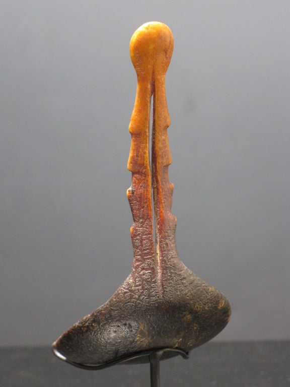Delicately carved form with wonderful aged surface. Northern California Yurok Indians were known for carving distinctive sculptural spoons that are included in numerous museum collections. Mounted on American Primitive base.
