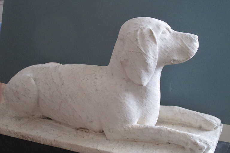 Alert reclining dog sculpture carved of white marble. The life size dog is modeled with sensitive attention to detail. The marble shows signs of outdoor weathering with some raised veining. Unknown artist.