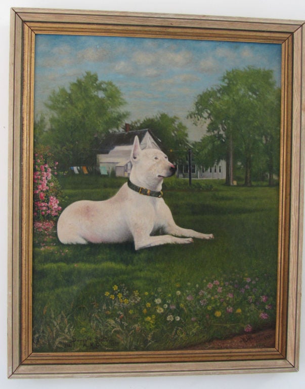 The alert dog is watching over the masters home. Signed W.J. Percy 1935. 