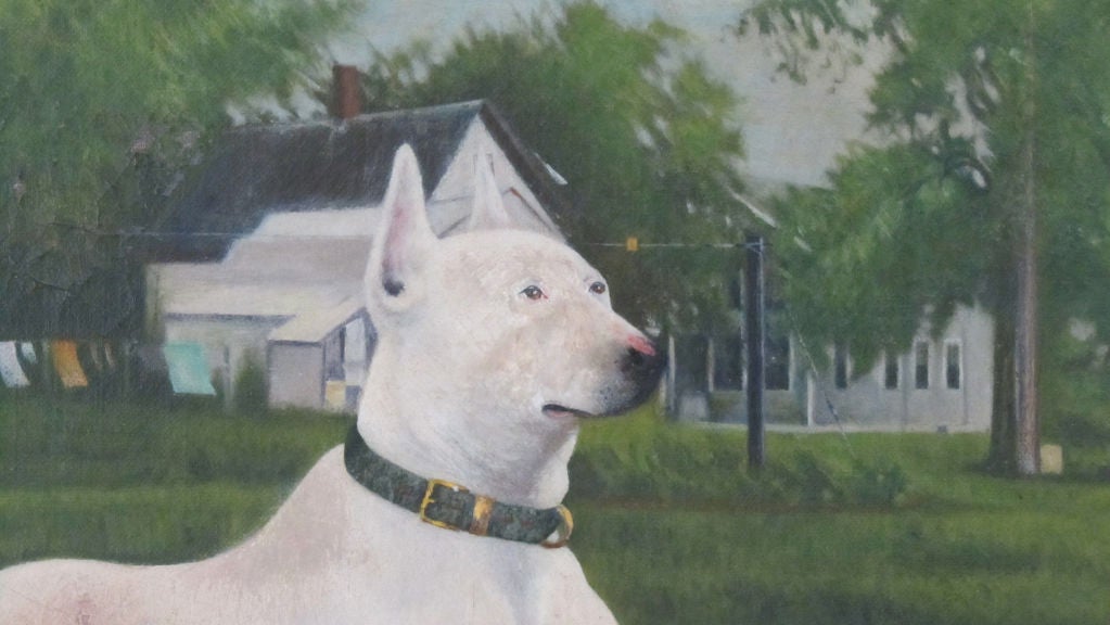 20th Century White Dog In The Yard Painting