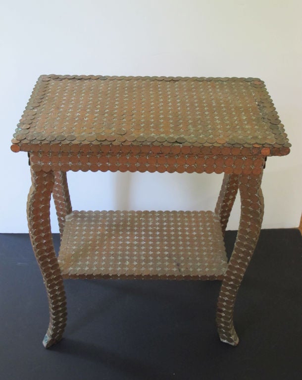 Wood Copper Penny Covered Table For Sale