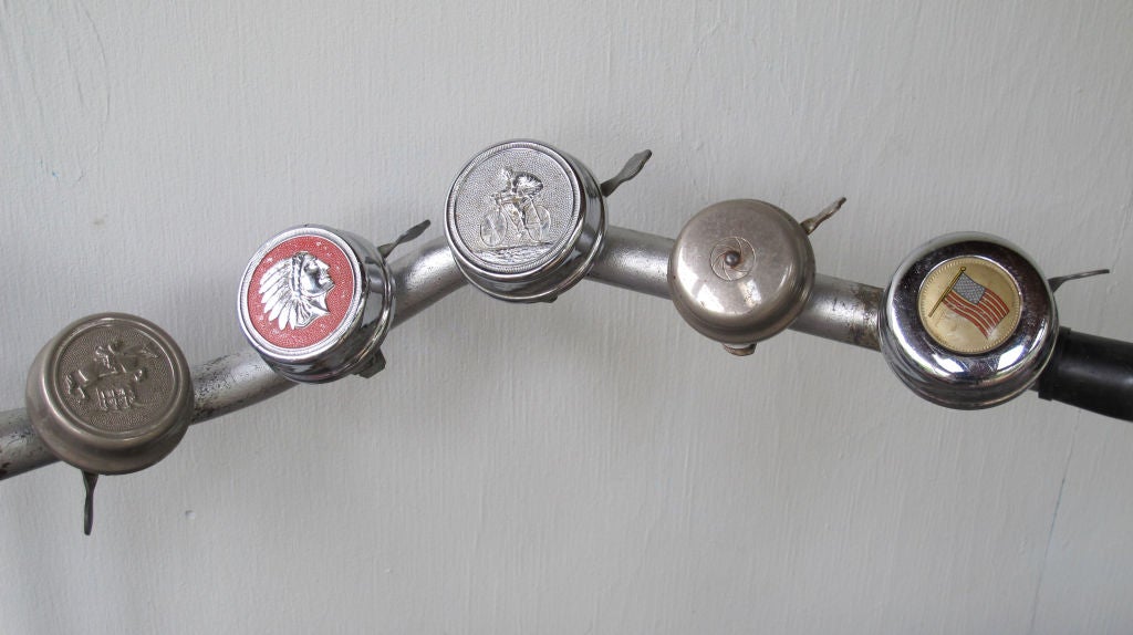 I have been  selectively collecting bicycle bells for years and finally ran out of room on the extra wide handlebars. Mounted on a table stand. The bells are workable with each bell having its own distinctive sound. Some are rare bell forms rarely