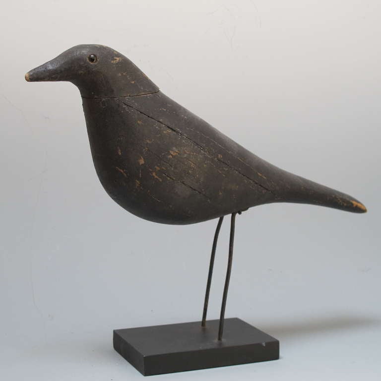 Charles Perdew (1874 - 1963) is considered  the greatest carver of crow decoys in America.This early example was carved of 2 pieces of wood and painted with 2 inset iron legs.in his minimal style.Crows were destructive to farmers crops and they