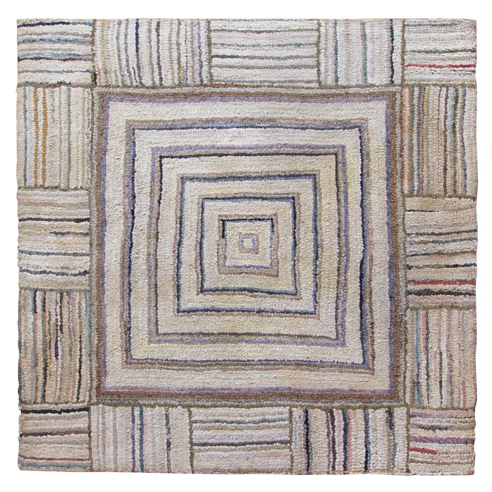 Early Geometric Hooked Rug Mounted for the Wall For Sale