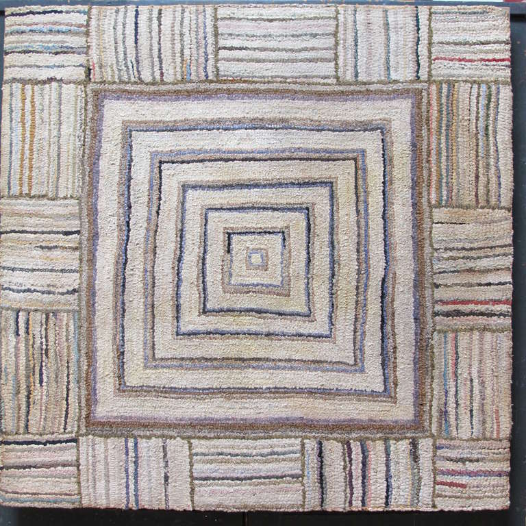 Wool Early Geometric Hooked Rug Mounted for the Wall For Sale