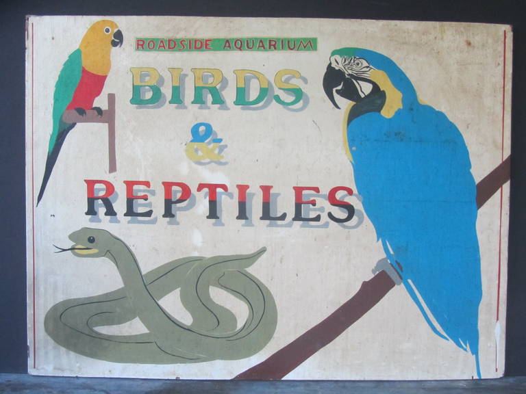 Graphic sign painted on plywood panel for an animal attraction in the central New York area. Interesting that the top of the sign says Roadside Aquarium to suggest the reptiles are enclosed rather than being a petting zoo. The lettering of the sign