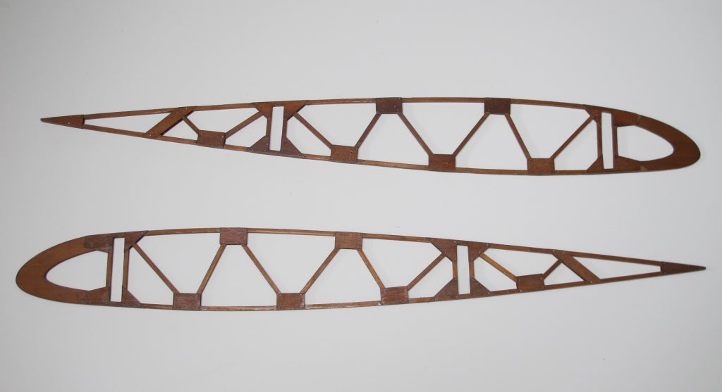 Pair of structural wing cross section models.  Made of cedar wood and mahogany with varnish sealer.  Great on a wall.  Signed Albert Matuschak from Seattle.