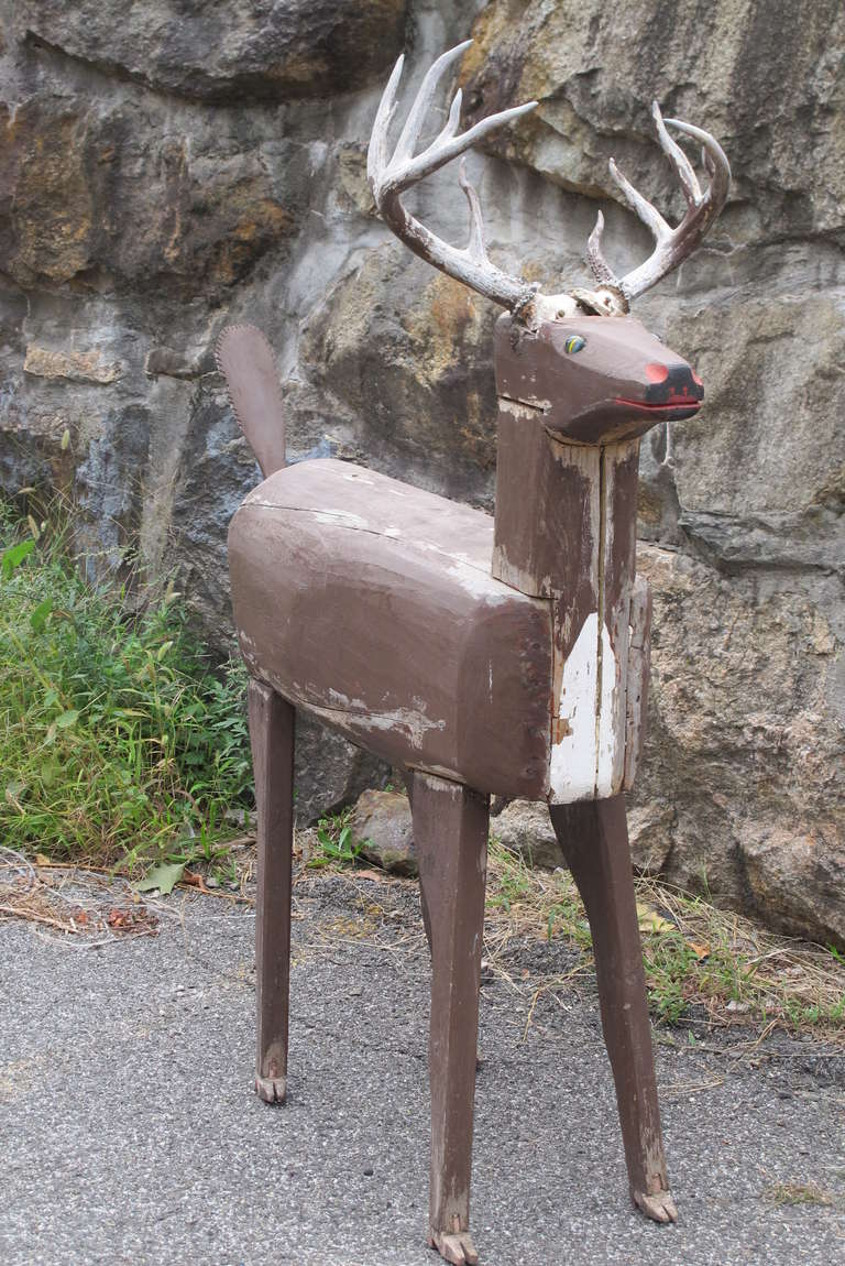20th Century Life Size Wood Deer Folk Sculpture For Sale