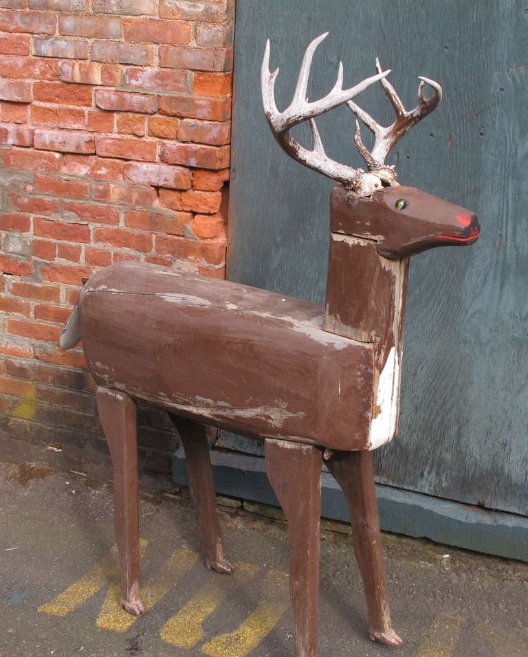 Carved Life Size Wood Deer Folk Sculpture For Sale