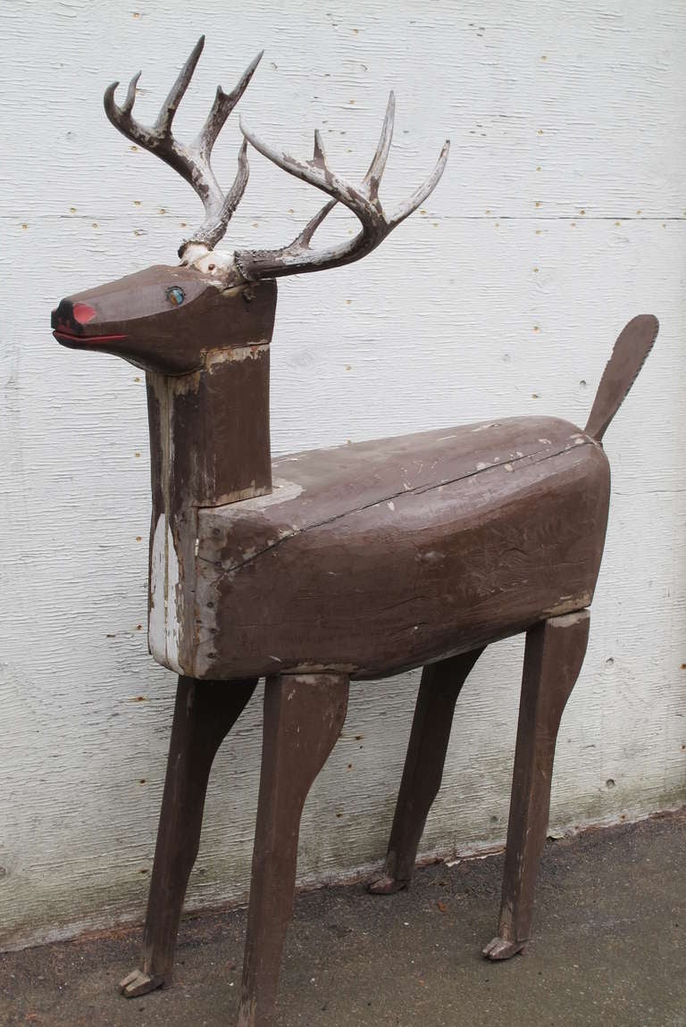 Folk Art Life Size Wood Deer Folk Sculpture For Sale