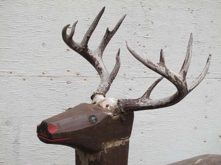 Life Size Wood Deer Folk Sculpture In Good Condition For Sale In New York, NY