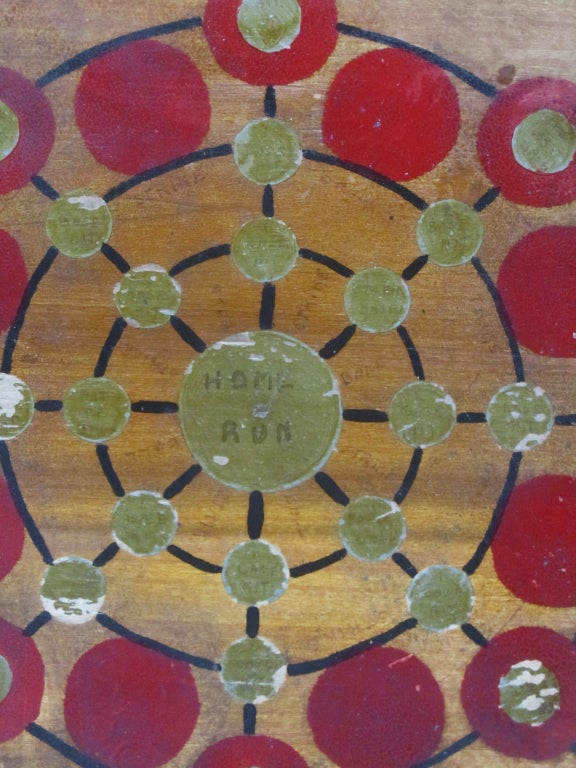 Target shaped game with radiating spheres on wood panel. The center is marked HOME RUN with STRIKES and BALLS in surrounding spaces with base HITS and OUTS in discs.  I love its graphic painterly quality.  Do not know how it was played.