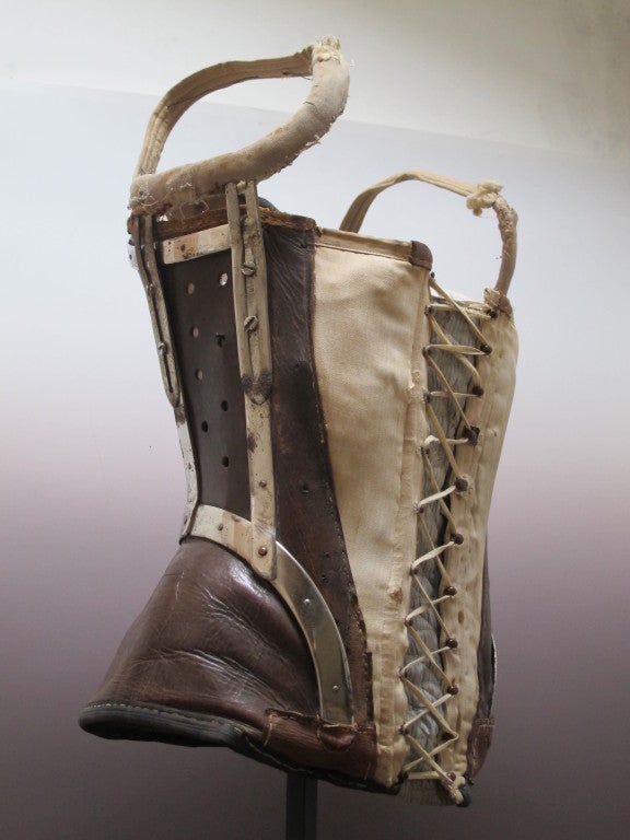 American 18th c, Leather Corset with Metal Braces on Stand