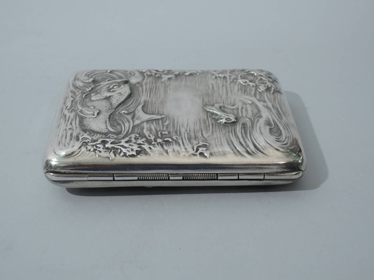 American Art Nouveau Sterling Silver Cigarette Case with Marine Motif