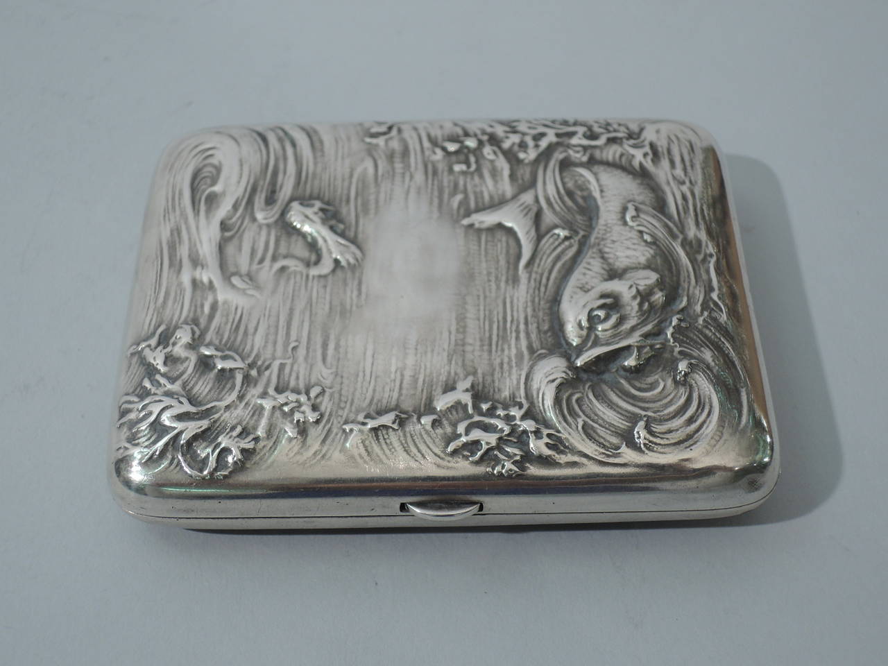 Art Nouveau Sterling Silver Cigarette Case with Marine Motif In Excellent Condition In New York, NY