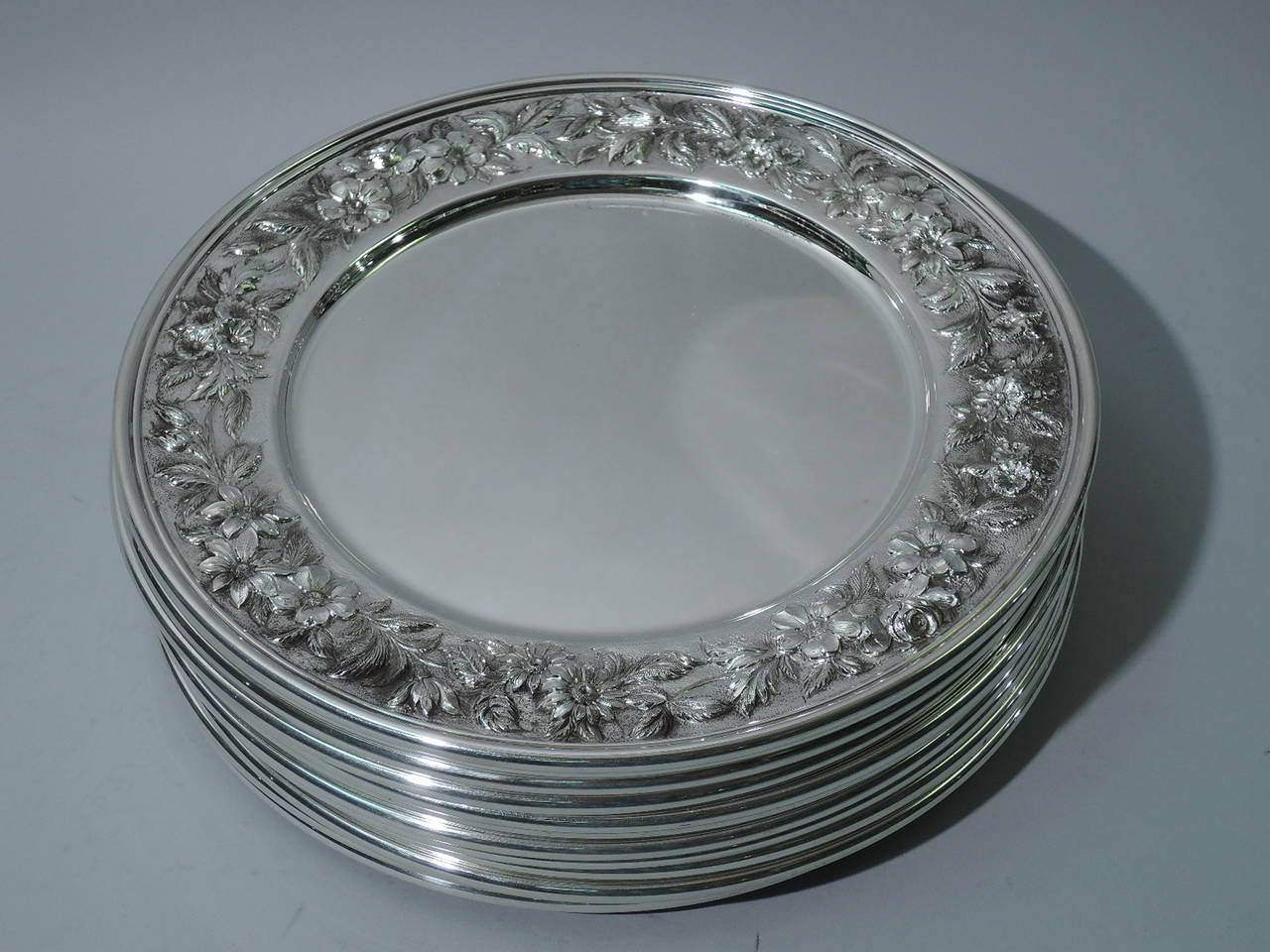 Kirk Dinner Plates, Baltimore Floral Repousse, American Sterling Silver